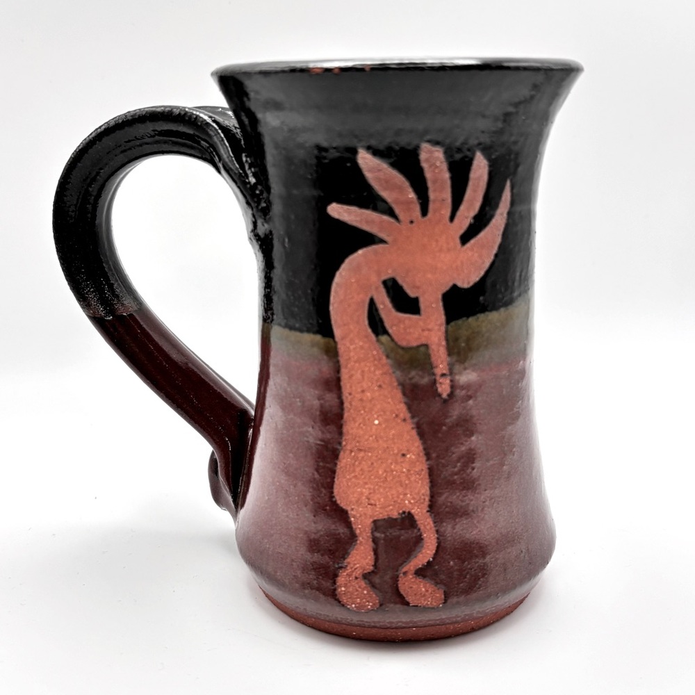 VTG Handmade Stoneware Redware Coffee Mug Kokopelli Design Artist Lake Signed 5”